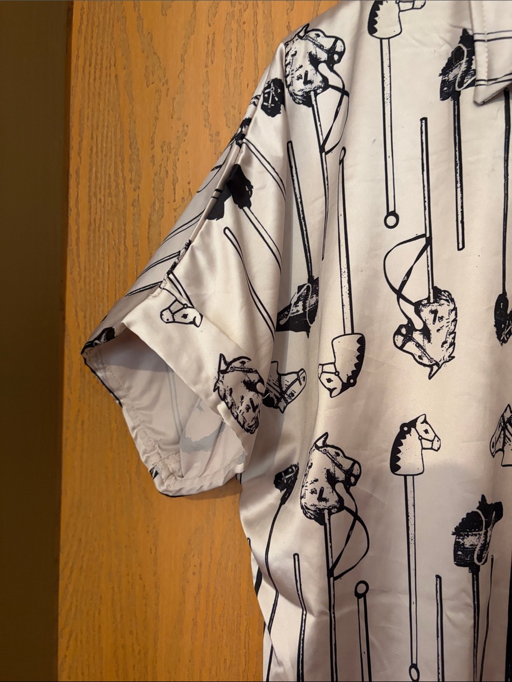 Woven Short-Sleeve Button-Up Blouse - White with Black Print - Picture 4 of 5